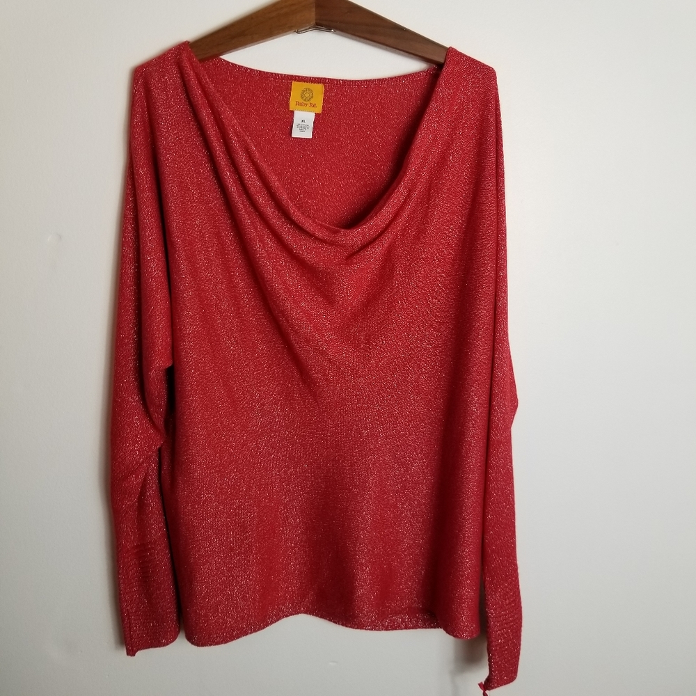 Ruby Rd Paint The Town Red Drape Neck Metallic Long Sleeve Top NWT - Picture 1 of 9